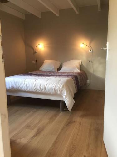 - une chambre dotée d'un lit avec deux lumières dans l'établissement Le Gîte de l'Aérogrange, à Biscarrosse