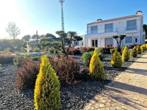 a garden in front of a white house with bushes at O PINHAL DO AVÔ in Almancil