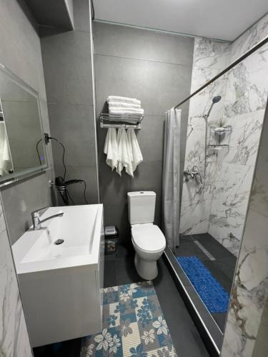 y baño con aseo, ducha y lavamanos. en ЦО Париж сектор С18/5, en Chok-Tal