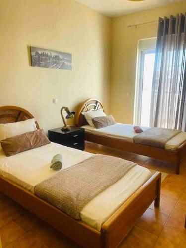 a bedroom with two beds and a window at George House in Archangelos