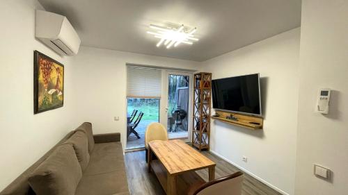 ein Wohnzimmer mit einem Sofa, einem TV und einem Tisch in der Unterkunft Namelis Preiloje 3 in Preila