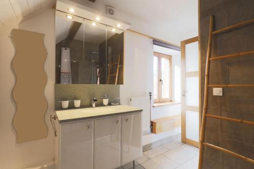 bagno con lavandino e specchio di Gîte Le Bijou et Spa a Weiterswiller