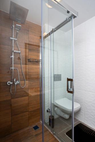 a bathroom with a glass shower with a toilet at 8 Rooms House in Balcova
