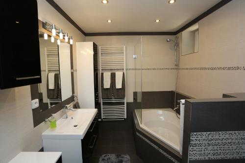 a bathroom with a tub and a sink and a bath tub at Apartman Ostrava in Ostrava