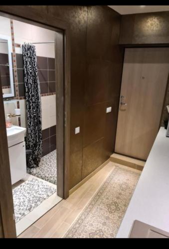 a bathroom with a shower and a glass door at Preila Kristina-2 in Preila