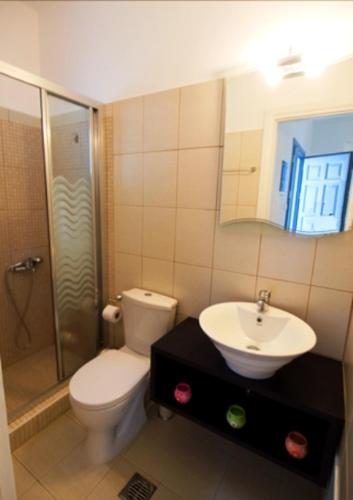 a bathroom with a toilet and a sink and a shower at Ios Memories in Mylopotas