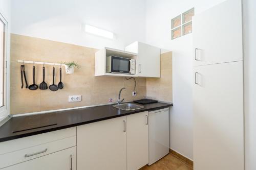 una cucina bianca con lavandino e forno a microonde di Apartamento Jibazahora Libra a Zahora