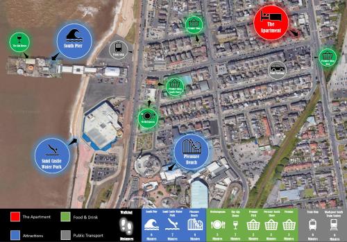 a map of a city with green and red circles at Coast Accommodation Station Road Apartments in Blackpool