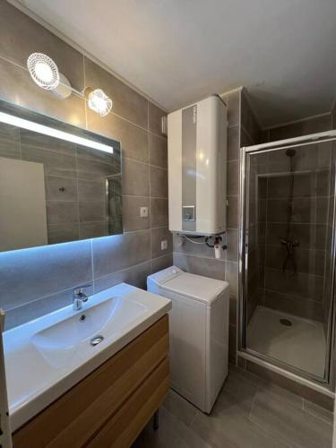 une salle de bain avec un lavabo, une douche et des toilettes dans l'établissement Appartement centre ville 4 personnes à Palavas les flots, à Palavas-les-Flots