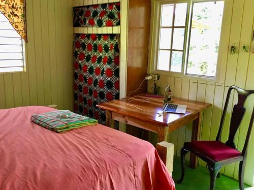 um quarto com uma secretária, uma mesa e uma cadeira em Charlie’s Place Zion Hill - close to Blue Lagoon em Port Antonio