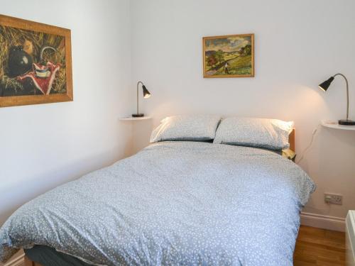 1 dormitorio con 1 cama azul y 2 lámparas en Brier Dene Middle Cottage, en Hartley