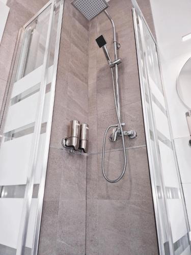 a shower with a glass door in a bathroom at Hostal Comercial in Madrid