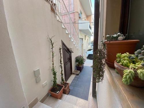 um beco com vasos de plantas ao lado de um edifício em Lakkios charming suites and rooms em Siracusa