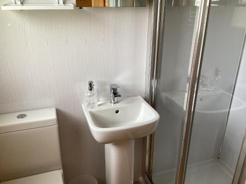 y baño blanco con lavabo y ducha. en Auchenlea lodges en Glasgow