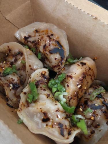 three pieces of dumplings in a box with green onions at Macondo in Koh Rong Sanloem