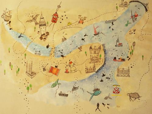 a drawing of a map on a wall at Tilas - Rooms in 19th Century Wooden Townhouse,Kadikoy in Istanbul