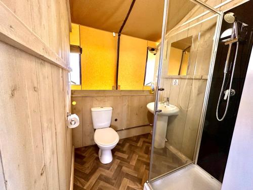 a small bathroom with a toilet and a sink at Little Pig Glamping in Bude