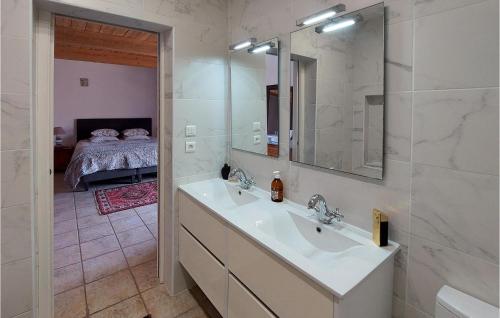 ein Bad mit einem Waschbecken, einem Spiegel und einem Bett in der Unterkunft 3 Bedroom Stunning Home In Murviel Les Montpellie in Murviel-lès-Montpellier