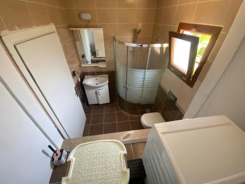 a small bathroom with a shower and a toilet at Dublex villa in Çeşme