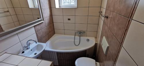 een kleine badkamer met een wastafel en een toilet bij Monte Lu Apartment, beach & pier 700m in Sopot