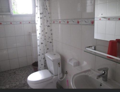 ein weißes Bad mit einem WC und einem Waschbecken in der Unterkunft Résidence H in Jaunde