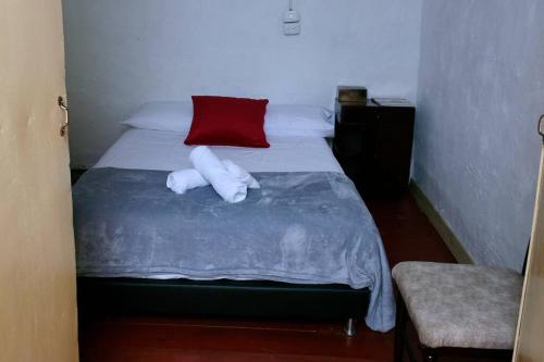 a bedroom with a bed with two pillows on it at Casa típica Salamineña in Salamina