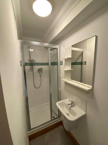 a bathroom with a shower and a sink and a mirror at Studio apartment in Norwich City centre in Norwich