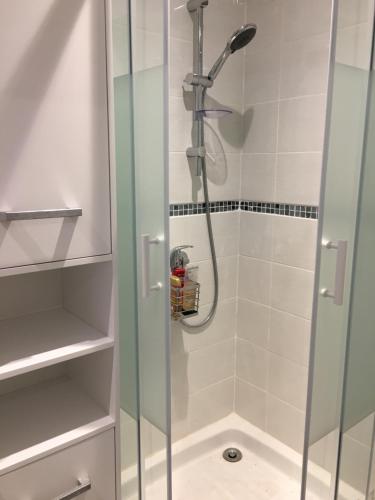 une douche avec une porte vitrée dans une salle de bain dans l'établissement Les Chemins de l'osier, à Vachères-en-Quint