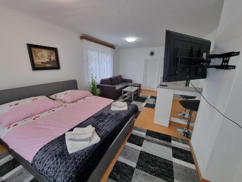 een slaapkamer met een bed en een flatscreen-tv bij Pension DonauBlick Grein 1 , Spitzfeldstr 1 in Grein