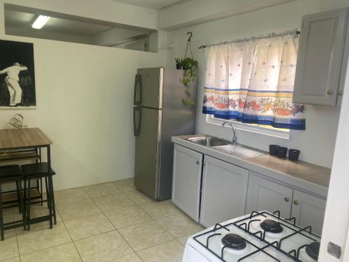 a kitchen with a stove and a refrigerator at Cozy Quarters Tobago in Scarborough