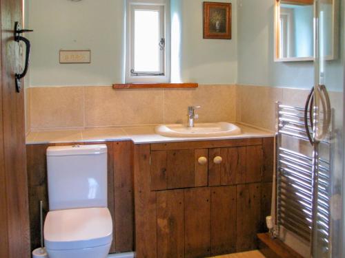 a bathroom with a toilet and a sink at Last Barn in Saint Twynnells