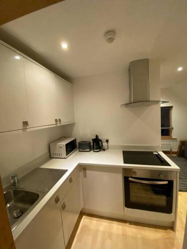 a kitchen with a sink and a stove top oven at Spacious 1 bedroom apartment in Norwich city centre in Norwich