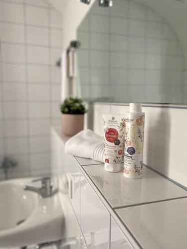 a bathroom with a sink and a shelf with towels at Apartment Sonnenterrasse in Bautzen