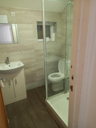 a bathroom with a toilet and a glass shower at Modern Apartment with Roof Garden Close to City Centre in Cardiff