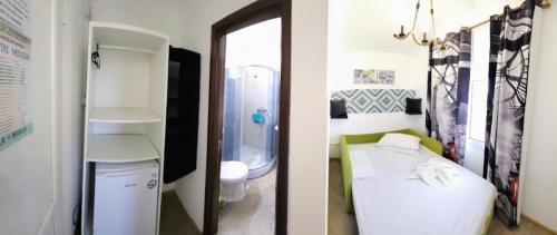 two pictures of a bathroom with a bed and a toilet at Mara si Marea in Năvodari