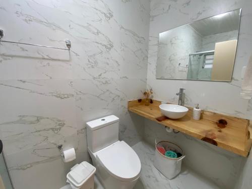bagno bianco con servizi igienici e lavandino di Casa da Borges a Gramado
