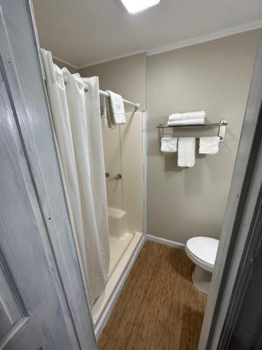 a bathroom with a shower and a toilet and towels at Bea's Parkway Inn in Mount Airy