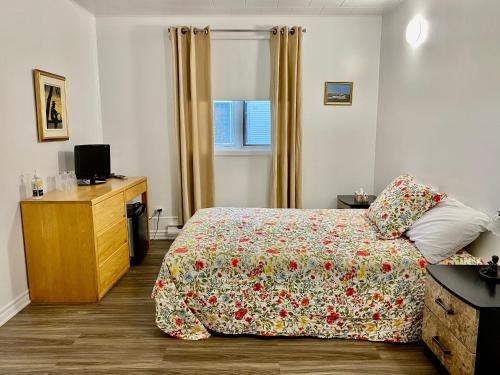 a bedroom with a bed and a dresser and a window at L'Escale Lam-Air in Rivière-au-Tonnerre