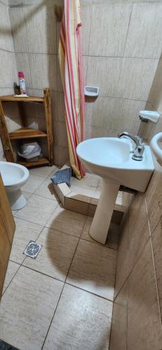 a bathroom with a sink and a shower at Rincón del Sur in El Bolsón