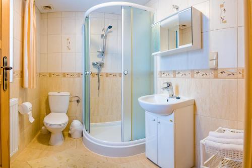 W łazience znajduje się prysznic, toaleta i umywalka. w obiekcie Stare Krzeptówki w Zakopanem