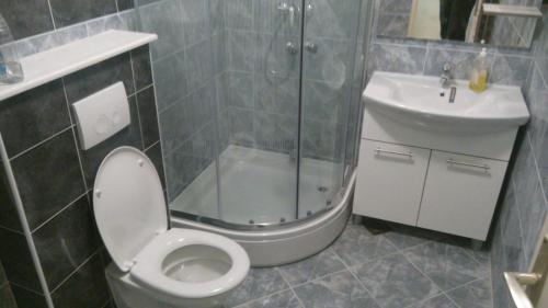 La salle de bains est pourvue d'une douche, de toilettes et d'un lavabo. dans l'établissement Comfortable Apartment 6+2, à Makarska