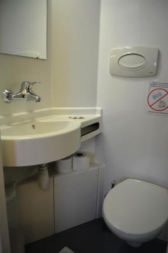 a bathroom with a white sink and a toilet at Falcon Hotel in London