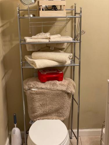 a towel rack with towels and a toilet in a bathroom at Sunshine’s Nest in Knoxville