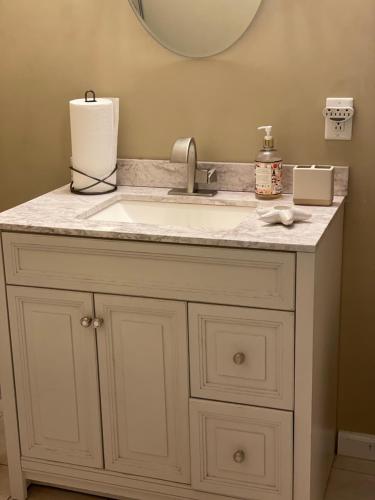 a bathroom counter with a sink and a mirror at Sunshine’s Nest in Knoxville