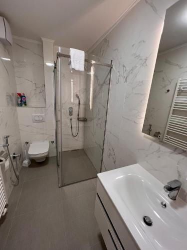 a bathroom with a shower and a sink at River Walk Sarajevo - Layan Apartment in Sarajevo
