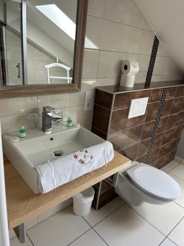 a bathroom with a sink and a toilet and a mirror at L'ECRIN DU LAC chambres d'hôtes in Saint-Point-Lac