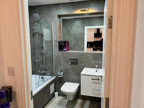 a bathroom with a shower and a toilet and a sink at Quiet, Private and Serene in Southend-on-Sea