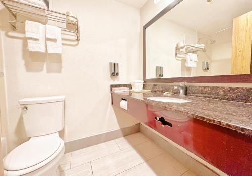 a bathroom with a toilet and a sink and a mirror at Lincoln Hotel Monterey Park Los Angeles in Monterey Park