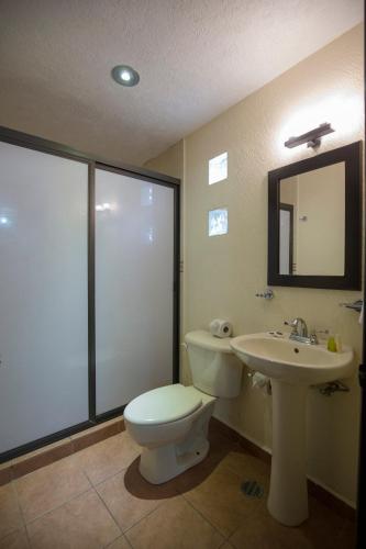 a bathroom with a toilet and a sink at Hotel & Glamping Huasca Sierra Verde in Huasca de Ocampo