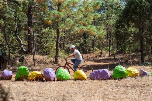 a man riding a bike in a field at Hotel & Glamping Huasca Sierra Verde in Huasca de Ocampo